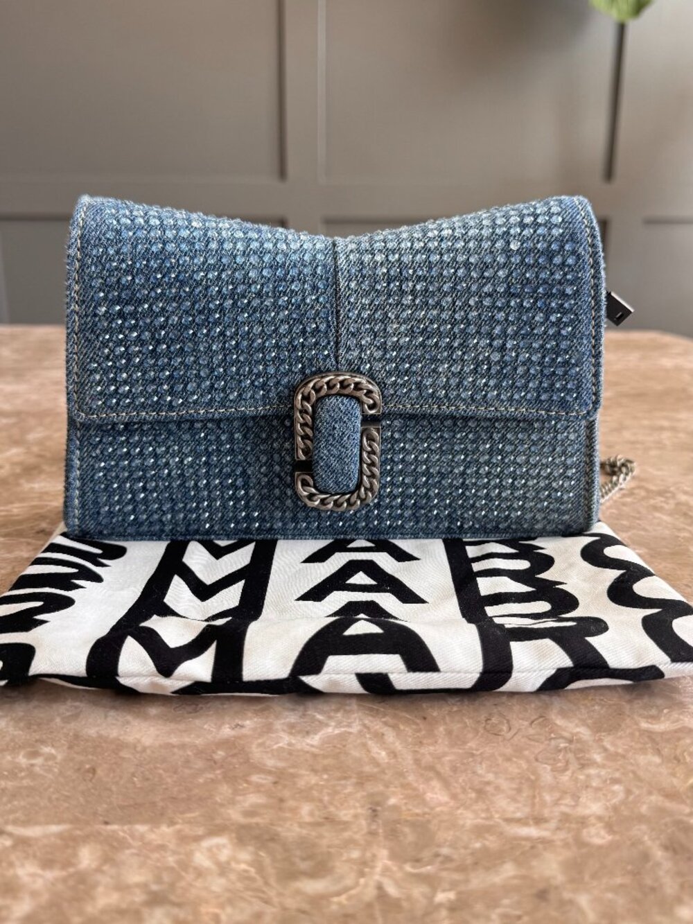 Marc Jacobs Crystal Denim St Marc Chain Wallet Light Blue